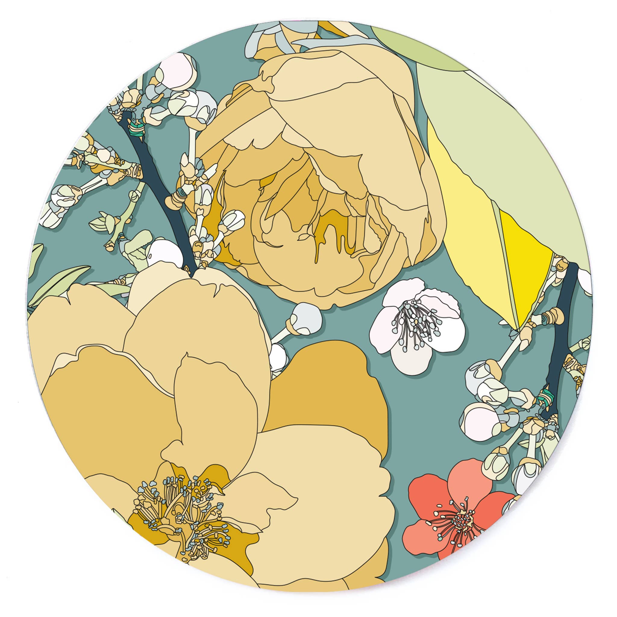 Bean & Bemble Coaster Round Melamine Wood Retro Chica Camellia Teal