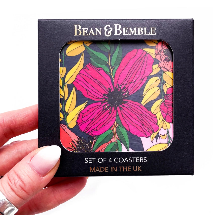Bean & Bemble Coasters Box Set Round Melamine Wood Vivid Garden Blooms Navy Blue Floral