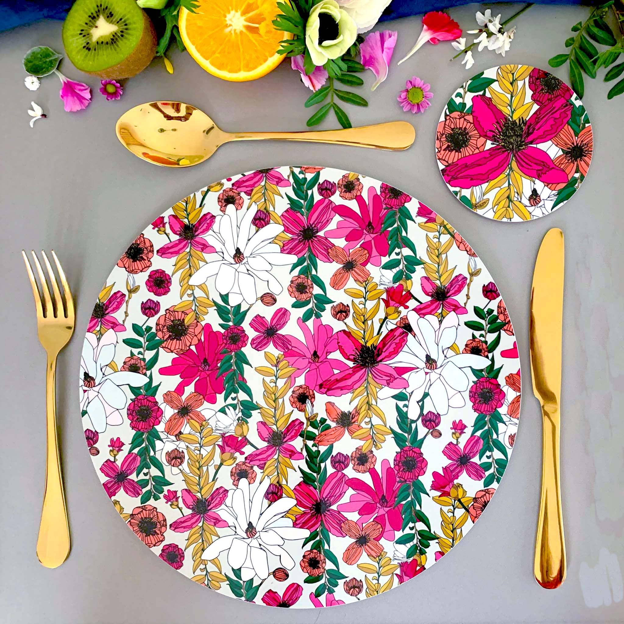Bean & Bemble Placemat Large Round Melamine Vivid Garden Blooms Patterned