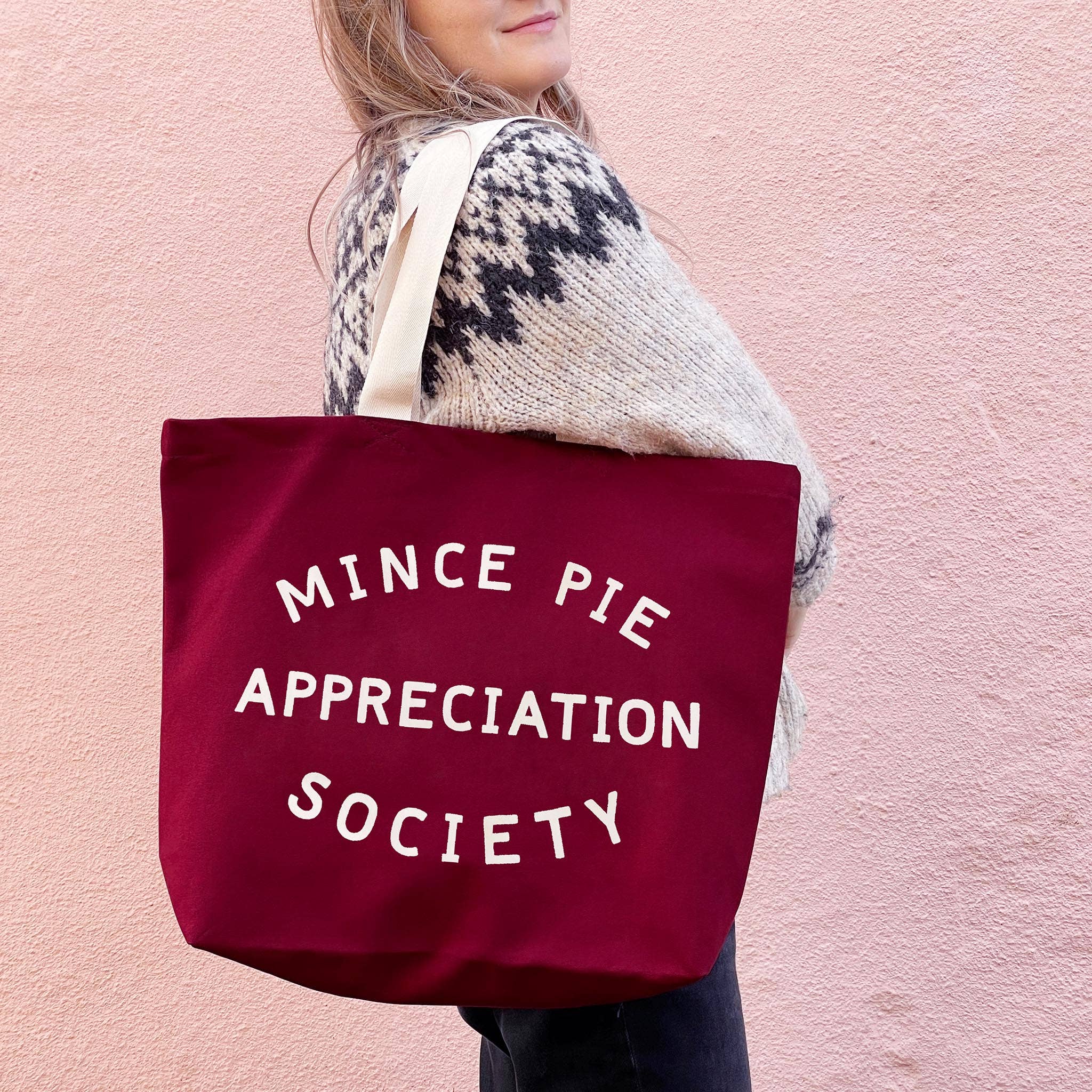 Alphabet Bags Mince Pie Appreciation Society - Burgundy Canvas Tote Bag