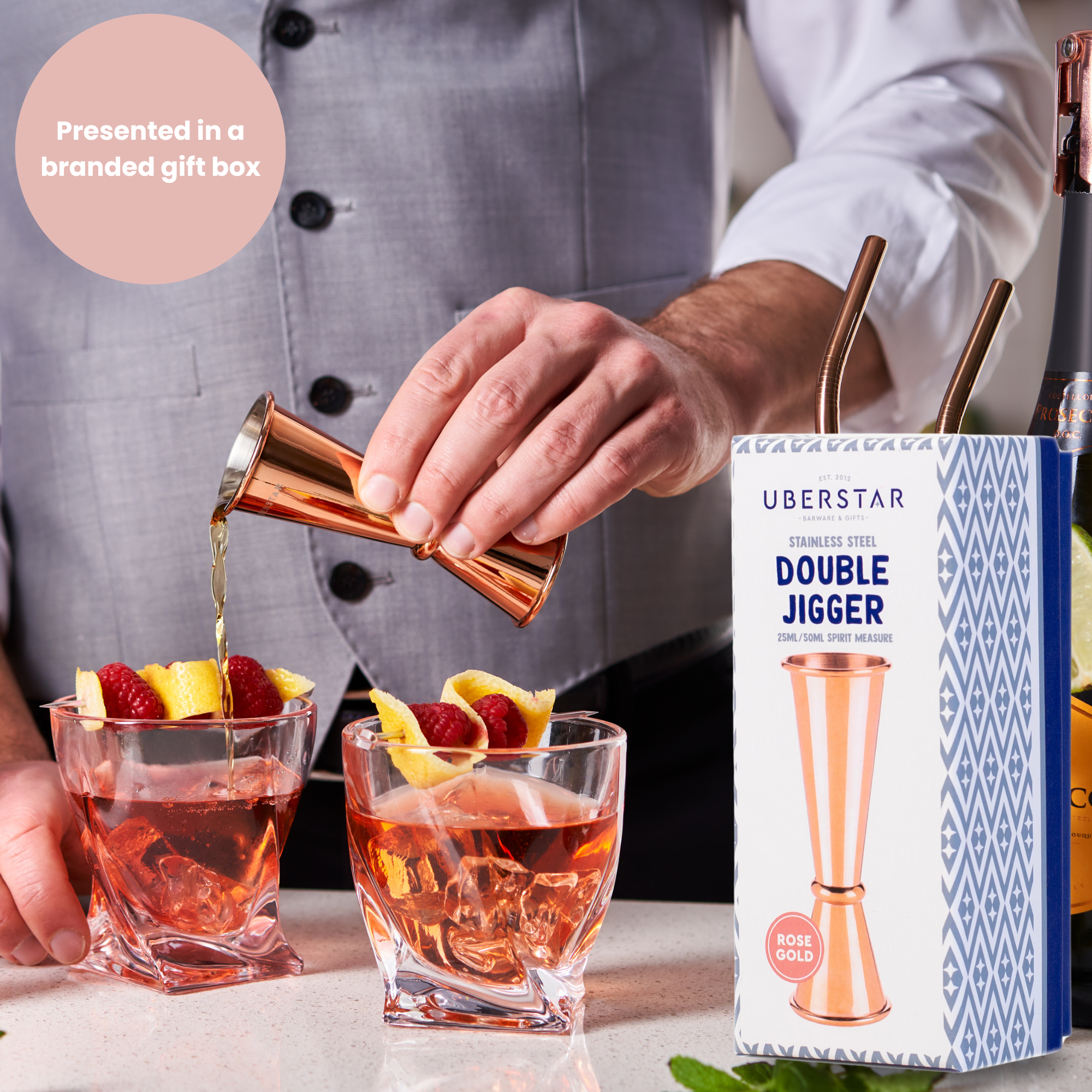 Uberstar Double Jigger Stainless Spirit Measure 25ml/50ml - Rose Gold