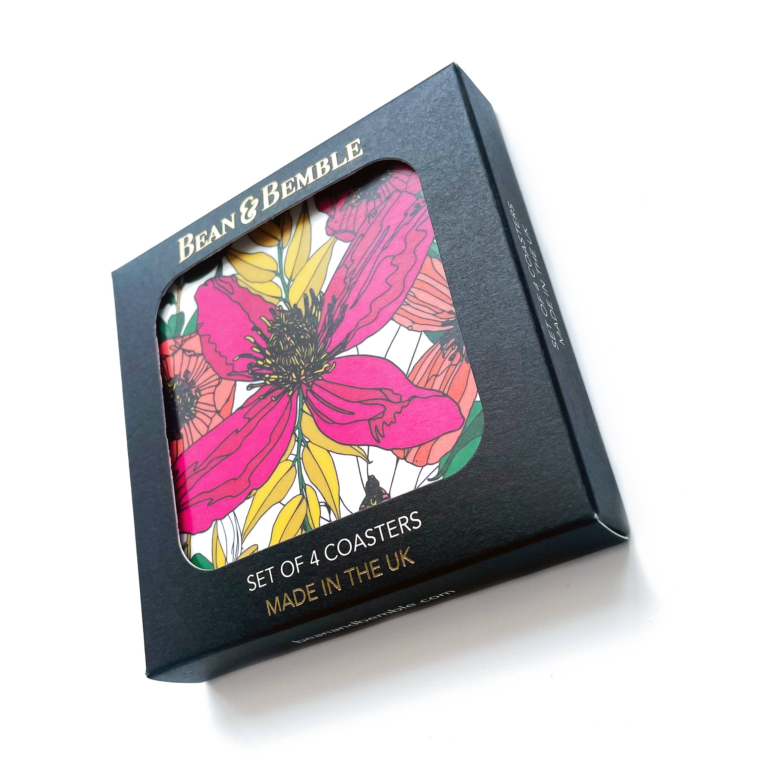 Bean & Bemble Coasters Box Set Round Melamine Wood Vivid Garden Blooms Floral