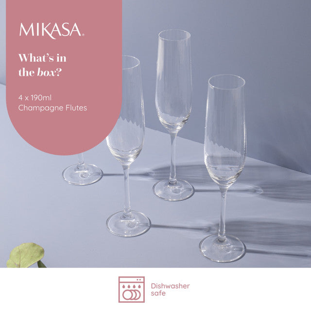 Mikasa Treviso Ridged Crystal Champagne Flute Glasses, Set of 4, 190ml