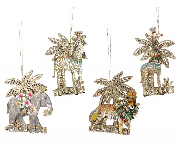 Gisela Graham - Wood Animals with glitter PalmTree Decoration 4 assorted priced for one