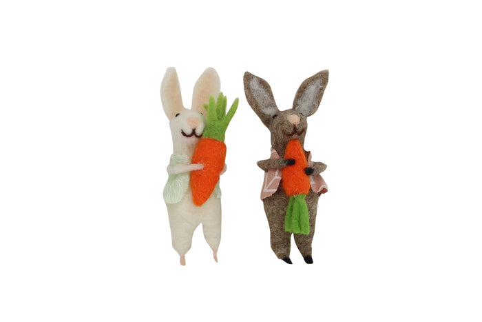 Wool Easter Brown/White Bunny pair holding a Carrot (come as assorted)