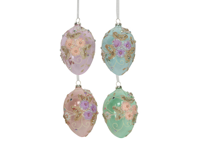 Glass Hanging Egg Ornament with Embroidered Flowers (4 assorted)