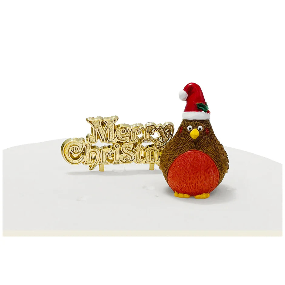 Anniversary House Plump Christmas Robin Resin Cake Topper & Merry Christmas Motto