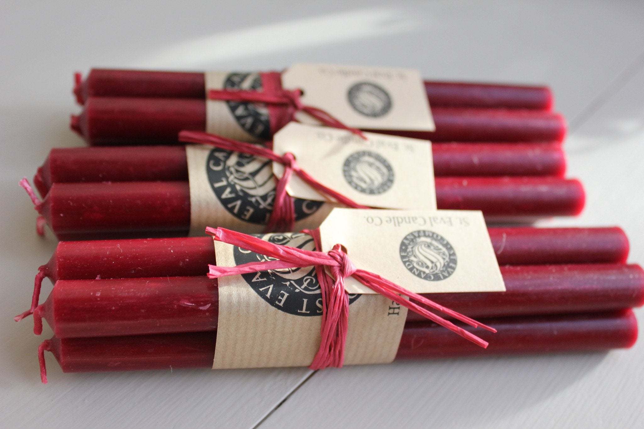 St Eval Candle Co - Sandalwood Claret 1/2"x 6" Candles Raffia Tied in Bundles of 4