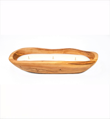 Divine Deli - Olive Wood Boat Candle 25cms Wild Fig
