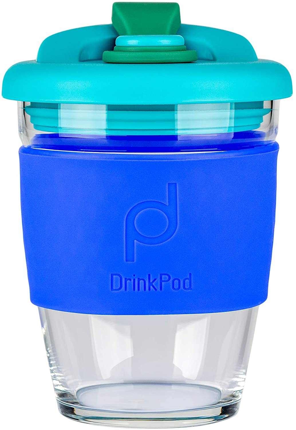 Drink Pod Reusable Coffee Cup, 340ml, Glass and Silicon, Blue