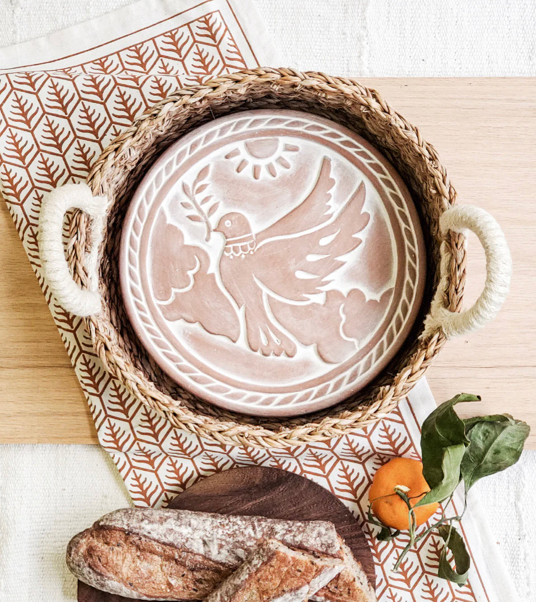 Korissa - Handmade Bread Warmer & Wicker Round Basket Dove In Peace