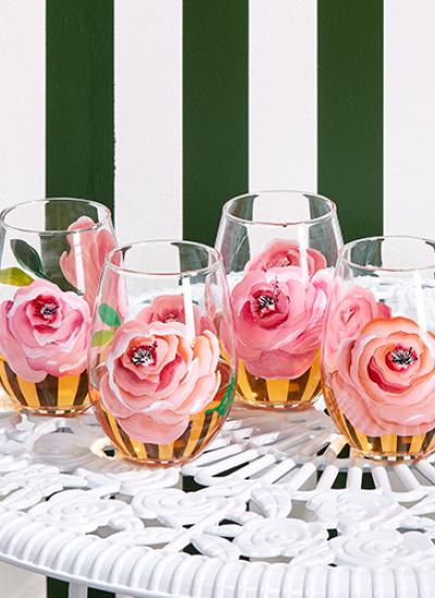 Twos Company- Hand-Painted Roses Stemless Glass